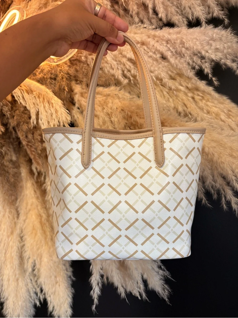 Cream & Tan Patterned Tote Bag